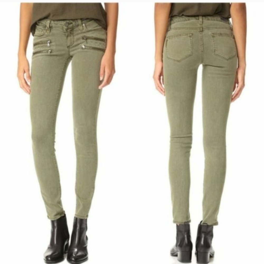 Paige Edgemont Green Moto Skinny Jeans Zipper Pockets Size 28